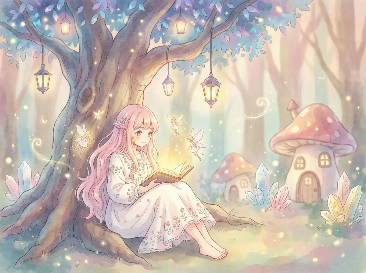 俏黄蓉洞房花烛夜 - 魔法森林中阅读故事书的粉发少女与精灵